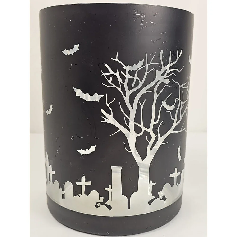Halloween Cemetery Candle Holder Black Bats Trees Graveyard Luminary